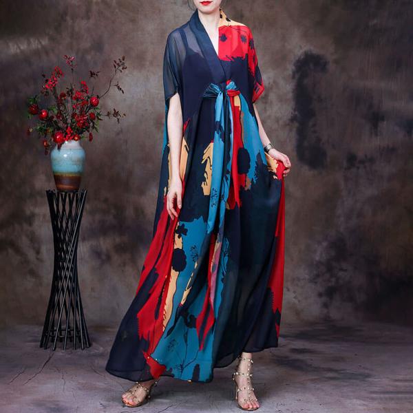 Color Blocks  Front Knot Dress Maxi Kimono Dress with Cotton Camisole