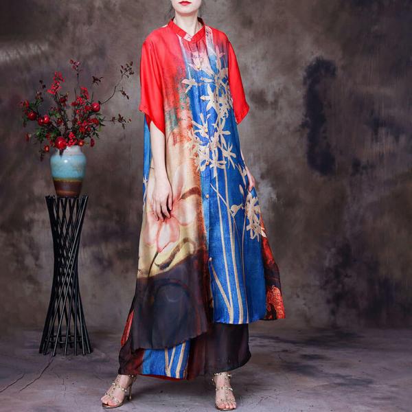 Senior Women Contrast Colored Printed Shirt Dress with Silk Pants