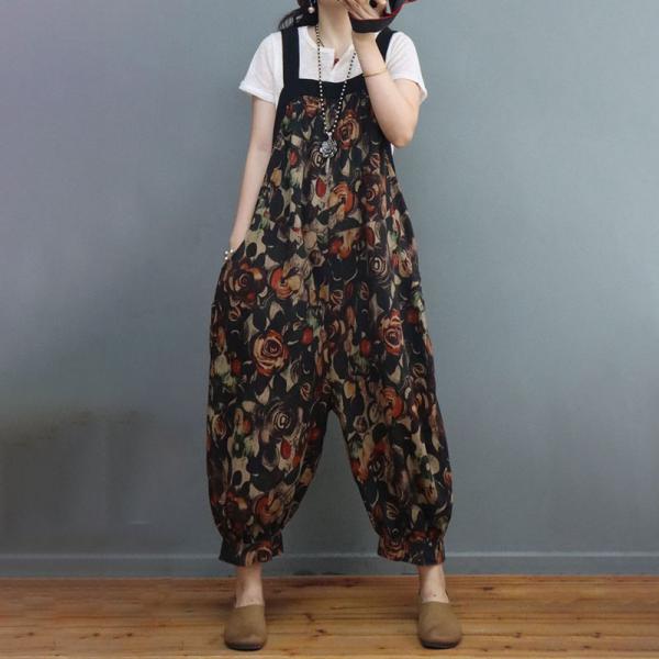 Cozy Summer Cotton Linen Overalls Rose Printed Balloon Overalls