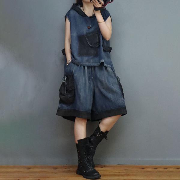 Short Sleeves Hooded Denim Pullover with Wide Leg Shorts