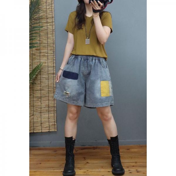 Colorful Patchwork Wide Leg Shorts Womens Ripped Jorts