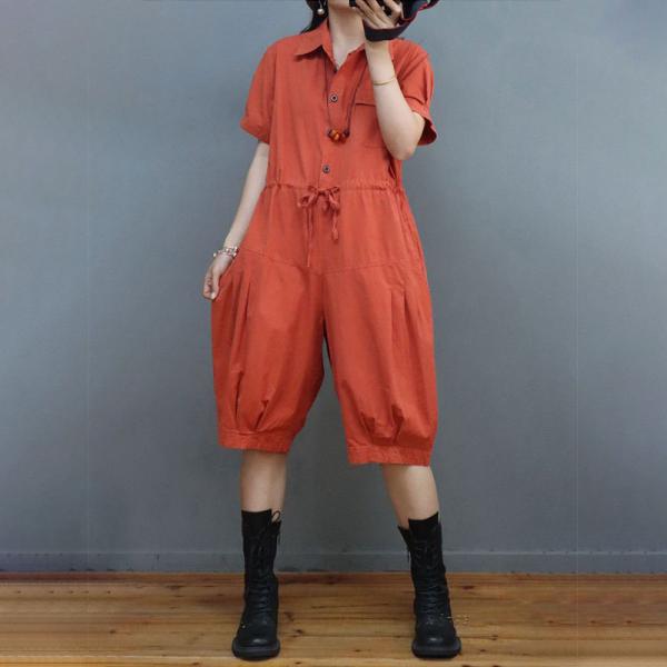 Drawstring Waist Cotton Polo Jumpsuits Ladies Cropped Jumpsuits