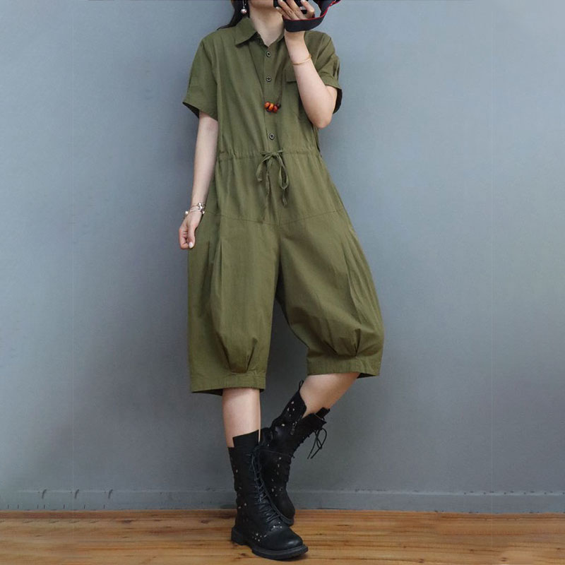 Drawstring Waist Cotton Polo Jumpsuits Ladies Cropped Jumpsuits in Army ...