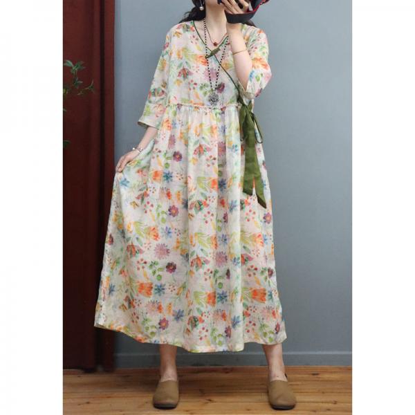 V Neck Ramie Floral Qipao Side Tied Maxi Wrap Dress