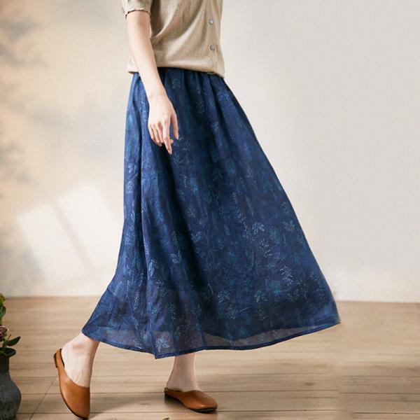 Organic Linen Blue A-Line Skirt Maxi Flax Loose Printed Skirt