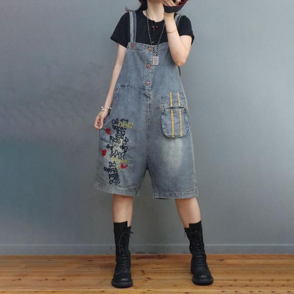 Fashion Letter Embroidery Jorts Stone Wash Overall Shorts