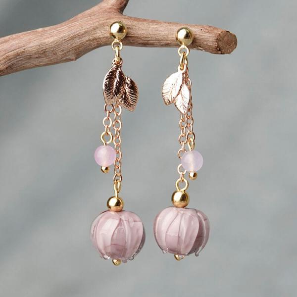 Violet Glass Ball Dangle Earrings Golden Leaf Chinese Earrings