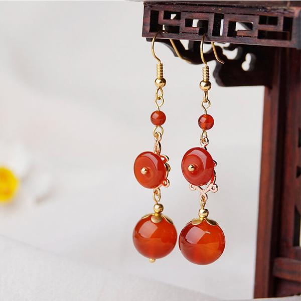 Red Agate Chinese Folk Long Earring