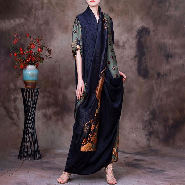 Back Slits Printed Front Cross Dress Silk Maxi Kimono Dress