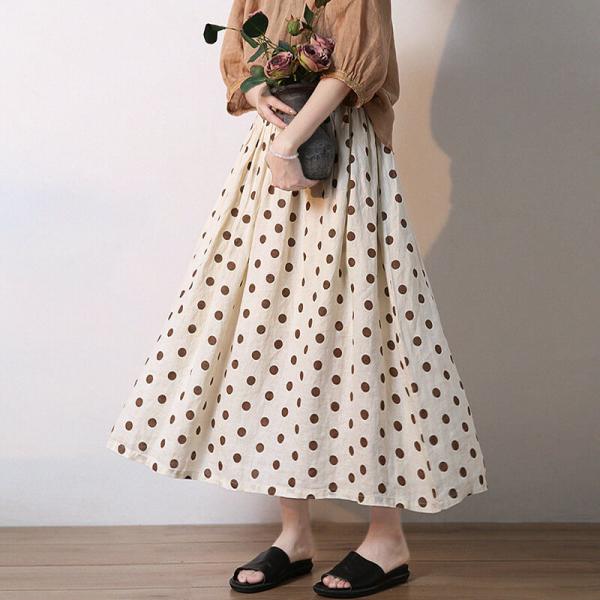 Chic Polka Dot Panel Skirt Maxi Linen A-Line Skirt