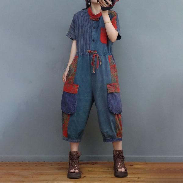 Stripes and Prints Tied Waist Jumpsuits Cotton Linen Gardening Outfits