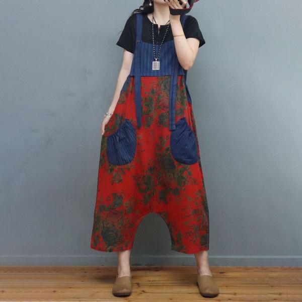 Summer Beach Floral Harem Overalls Cotton Linen Folk Overalls