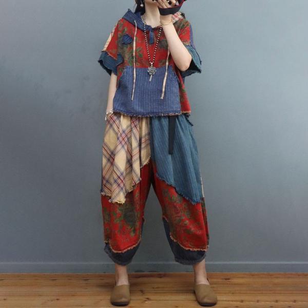 Printed Fringed Hooded Top with Cotton Linen Tartan Harem Pants