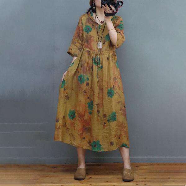 Tied Waist Ramie Floral Yellow Dress Loose Hooded Dress