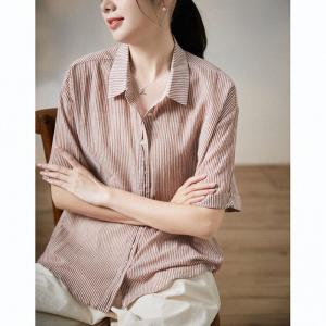Breathable Pinstriped Blouse Oversized Linen Shirt for Women