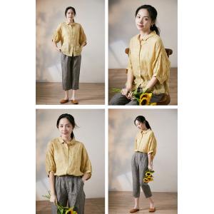 Yellow Dotted Embroidered Top Puff Sleeves Ramie Shirt