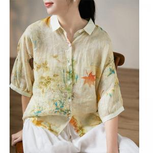 Maple Leaf Printed Ramie Shirt Summer Casual Beach Wear