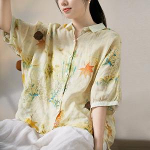 Maple Leaf Printed Ramie Shirt Summer Casual Beach Wear