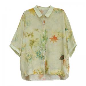 Maple Leaf Printed Ramie Shirt Summer Casual Beach Wear