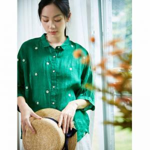 White Flowers Embroidery Clothing Ramie Green Ladies Shirt