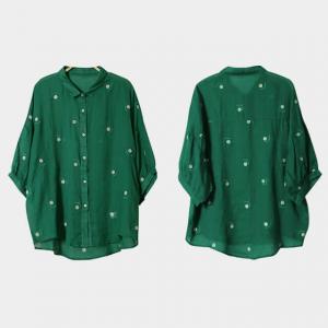 White Flowers Embroidery Clothing Ramie Green Ladies Shirt