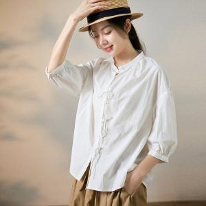 Casual Style White Work Shirt Cotton Tied Shirt for Women