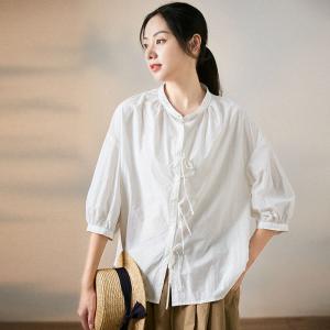 Casual Style White Work Shirt Cotton Tied Shirt for Women