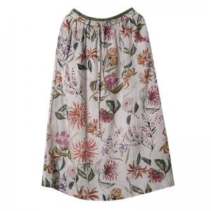 Flowers Patterned Beach Skirt Linen Maxi A-Line Skirt