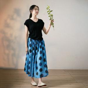 Plant Dyeing Blue A-Line Skirt Loose Ramie Polka Dot Skirt
