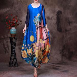 Pop Colored Flowers Silk Dress Loose Vintage Maxi Dress