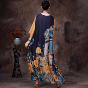 Pop Colored Flowers Silk Dress Loose Vintage Maxi Dress