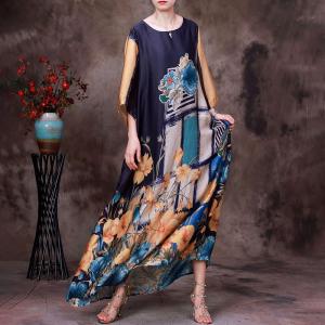 Pop Colored Flowers Silk Dress Loose Vintage Maxi Dress