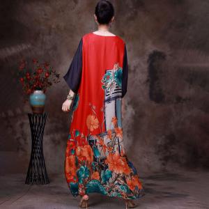 Pop Colored Flowers Silk Dress Loose Vintage Maxi Dress