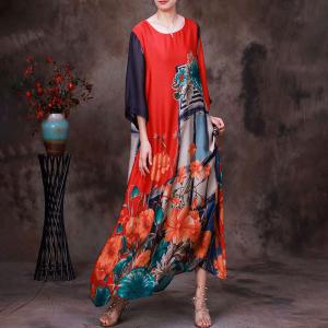 Pop Colored Flowers Silk Dress Loose Vintage Maxi Dress
