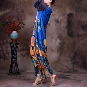 Pop Colored Flowers Silk Dress Loose Vintage Maxi Dress