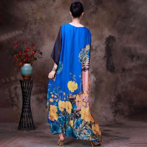 Pop Colored Flowers Silk Dress Loose Vintage Maxi Dress