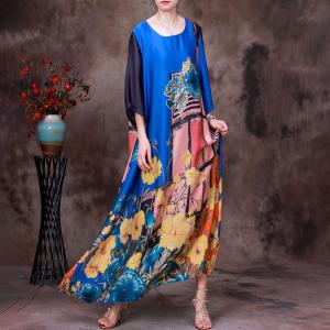 Pop Colored Flowers Silk Dress Loose Vintage Maxi Dress