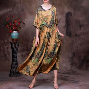 Empire Waist Printed Yellow Dress Chinese Mid-Calf Dress