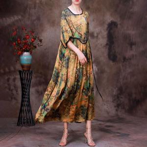 Empire Waist Printed Yellow Dress Chinese Mid-Calf Dress