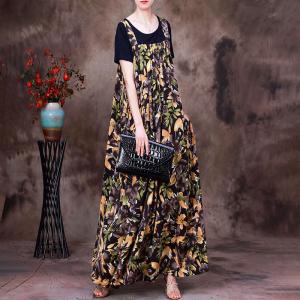 Square Neck Printed Maxi Overall Dress with Black T-shirt