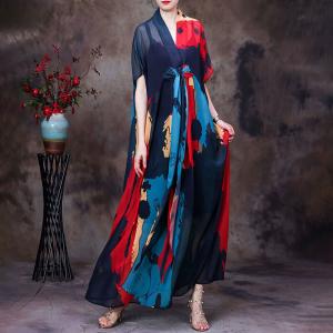 Color Blocks  Front Knot Dress Maxi Kimono Dress with Cotton Camisole