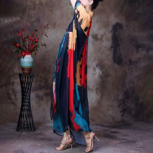 Color Blocks  Front Knot Dress Maxi Kimono Dress with Cotton Camisole