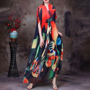 Color Blocks  Front Knot Dress Maxi Kimono Dress with Cotton Camisole