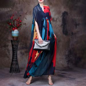 Color Blocks  Front Knot Dress Maxi Kimono Dress with Cotton Camisole