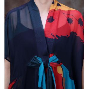 Color Blocks  Front Knot Dress Maxi Kimono Dress with Cotton Camisole