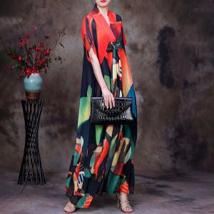 Color Blocks  Front Knot Dress Maxi Kimono Dress with Cotton Camisole