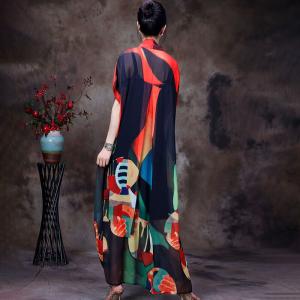 Color Blocks  Front Knot Dress Maxi Kimono Dress with Cotton Camisole