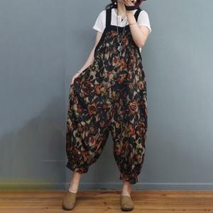 Cozy Summer Cotton Linen Overalls Rose Printed Balloon Overalls