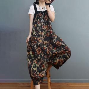 Cozy Summer Cotton Linen Overalls Rose Printed Balloon Overalls