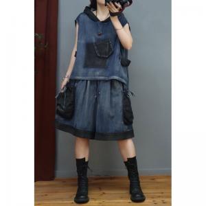 Short Sleeves Hooded Denim Pullover with Wide Leg Shorts